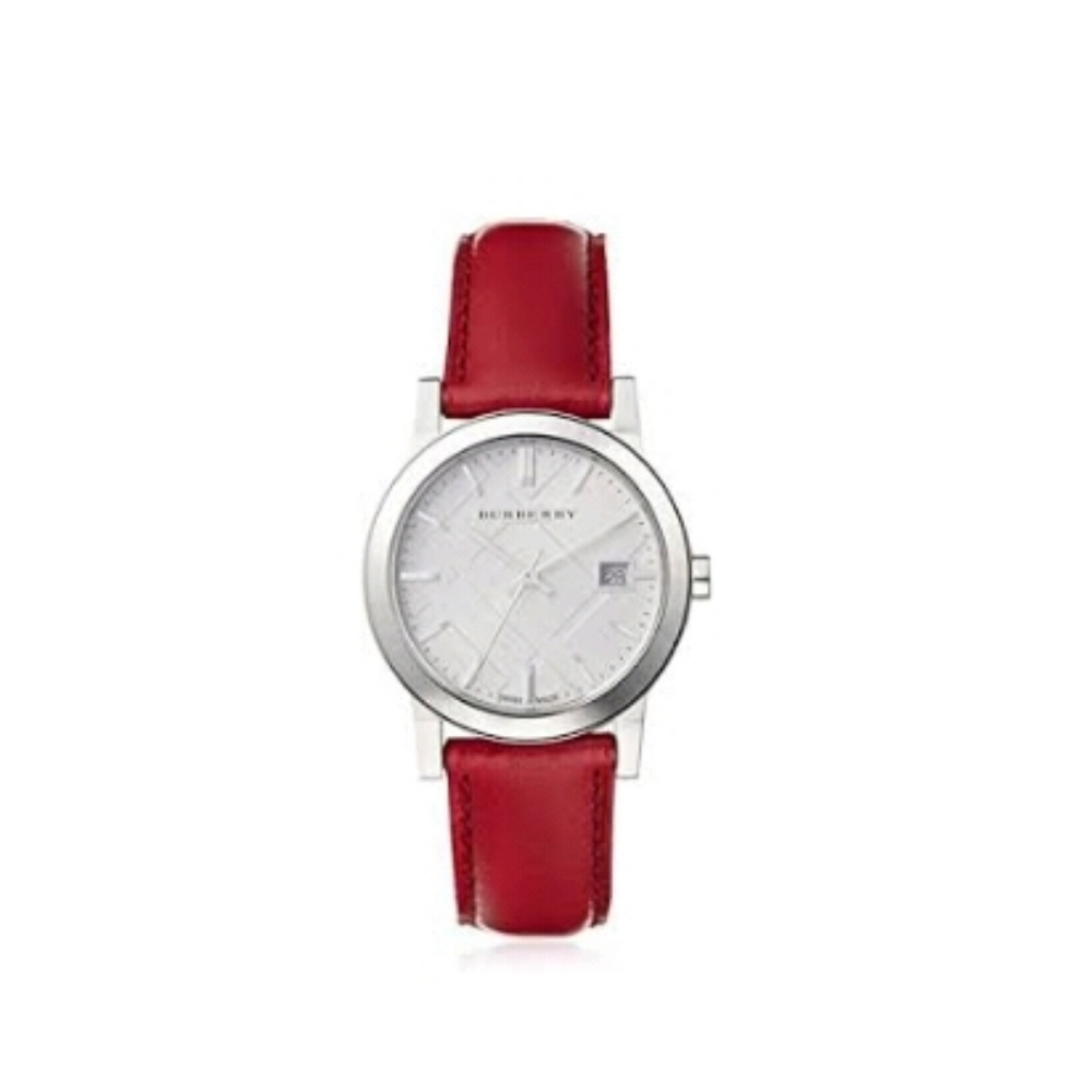 Burberry Check Stamped Red Leather Ladies Watch